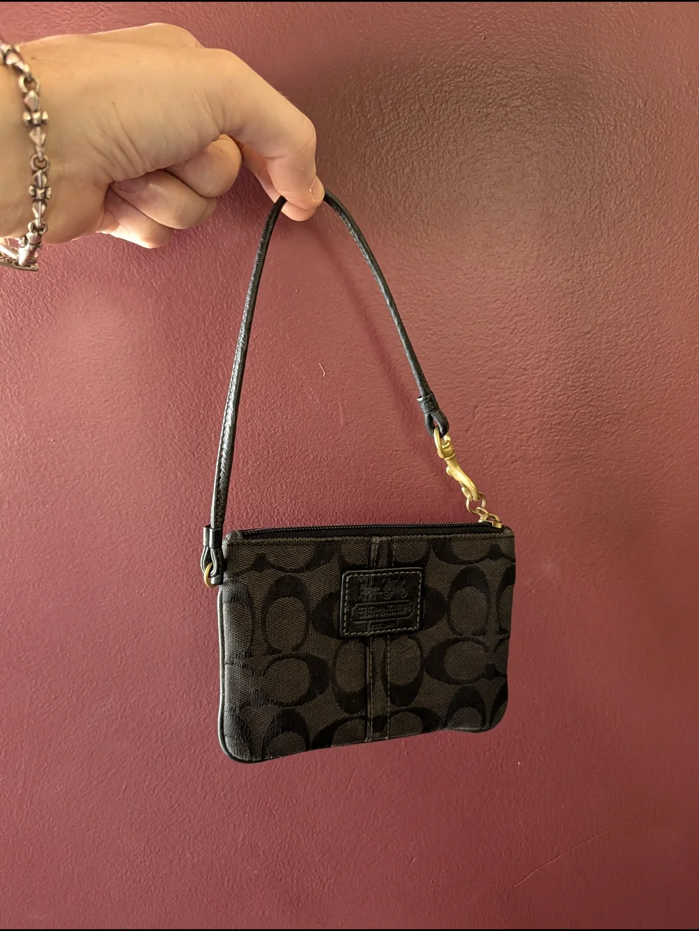 Coach Black Signature Monogram Wristlet Wallet with Gold Hardware w/ COA